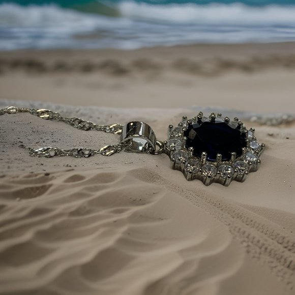 Fifth Avenue Vintage British Princess Wedding Blue Sapphire Pendant Necklace - Picture 9 of 12